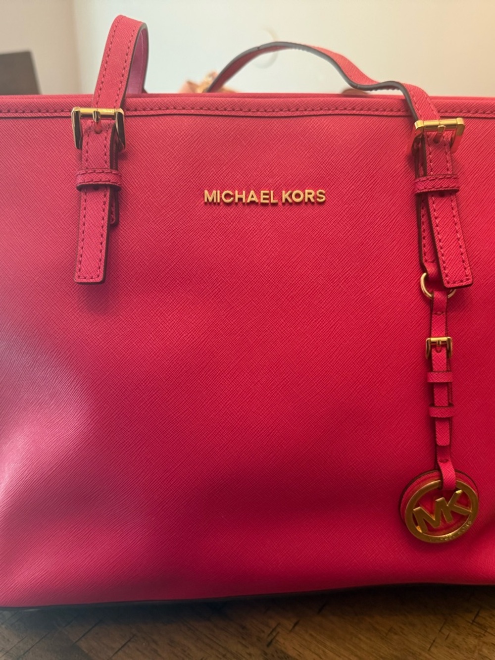 Michael Kors Hot Pink Saffiano Leather Tote with Gold Hardware